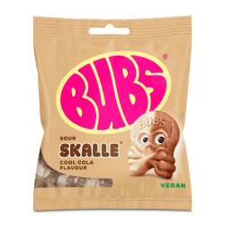 Bubs Sour Skalle Cool Cola Flavour 155g påse med veganskt syrligt colagodis i skallform på beige förpackning