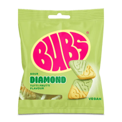 Ljusgrön påse med Bubs Sour Diamond Tutti Frutti Flavour skumgodis, veganskt, 155g
