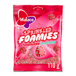 Rosa påse Malaco Sprinkled Foamies Strawberry 110g med strösslat skumgodis i jordgubbssmak