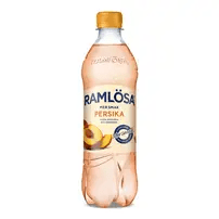 Ramlösa Persika Mer Smak 50cl – kolsyrat mineralvatten med persika i 24-pack.