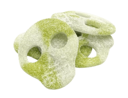Syrliga geléskallen i form av kranium, gröna med sockrig yta, smak av grönäpple, 4 kg bulk