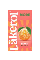 Läkerol More Peach 30g – sockerfria pastiller med persikosmak i 16-pack.