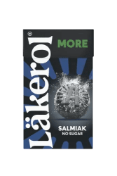 Läkerol More Salmiak 30g – sockerfria pastiller med lakritssmak i 16-pack.