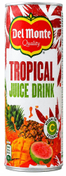 Del Monte Tropical Juice Drink 240ml röd aluminiumburk med ananas, mango och guava samt logotypen Del Monte Quality