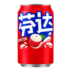 Röd burk med Fanta Lychee 350ml från den kinesiska marknaden med lychee-motiv och kinesiska tecken på etiketten