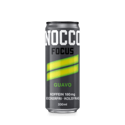 Mörkgrå burk med NOCCO Focus Guavo 330ml, med gula och gröna diagonala ränder och texten Koffein 180mg Sockerfri Kolsyrad