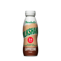 Barebells Milkshake Cappuccino 330ml flaska med vit kapsyl, cappuccinobrunt förpackningsdesign och röd proteinbadge som visar 24