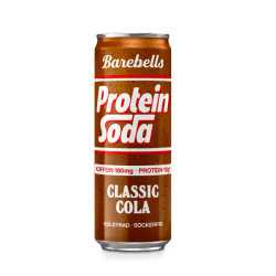 Barebells Protein Soda Classic Cola 355ml brunröd burk med text Protein Soda, Koffein 180mg och Protein 10g, kolsyrad och socker