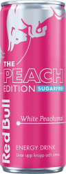 Rosa 250 ml aluminiumburk av Red Bull Peach Edition Sugarfree med White Peachsmak, energidryck utan socker