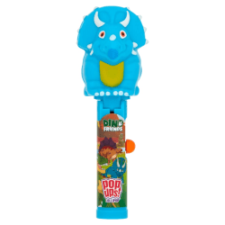 Dino Friends Pop Ups Lollipop med blå triceratops-figur i toppen och displayförpackning med dinosauriemotiv