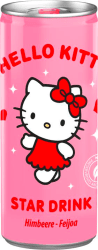 Rosa Hello Kitty Star Drink-burk 250ml med hallonsmak och Hello Kitty-figur i röd klänning på förpackningen