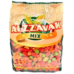Alzawwak Mix stor påse med grön och beige förpackning märkt Special Mixed, fylld med färgglada blandade snacksbitar i olika form