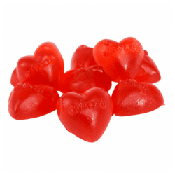 Röda geléhjärtan från Aroma i storpack 2,5 kg, hjärtformade godisar med Aroma-logotyp präglad på ytan