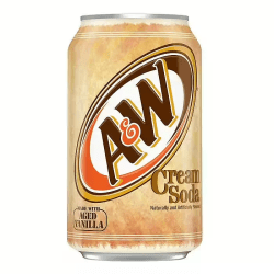 A&W Cream Soda 355ml burk med vaniljsmak, beige förpackning med klassisk A&W-logotyp i brunt och orange
