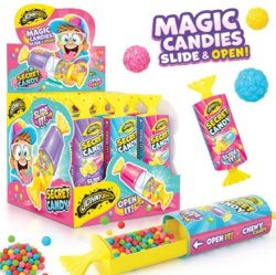 Johny Bee Jb Secret Pop 12x10g displaykolli med slide-and-open förpackningar och färgglatt tuggbart godis