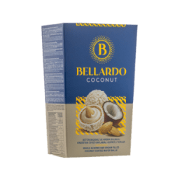 Bellardo Coconut Pralinask 150g i blå förpackning med bild på kokosbeklädda pralinkulor och en hel kokos