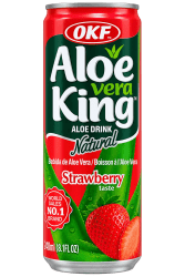 OKF Aloe Vera King Strawberry aloe vera-dryck 240ml röd och grön burk med jordgubbs- och aloe vera-motiv