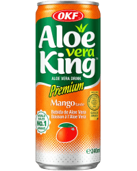 OKF Aloe Vera King Mango aloe vera-dryck i 240 ml burk med gul och grön förpackning, mangomotiv och texten World Sales No.1 Bran