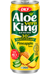 OKF Aloe Vera King Pineapple 240ml gul aluminiumburk med ananas och aloe vera-motiv samt 30th Anniversary-märkning