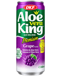 OKF Aloe Vera King Grape 240ml slim burk med lila och grön design, druvarom, Premium Aloe Vera Drink