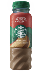 Starbucks Hazelnut Macchiato Chilled Coffee 220ml PET-flaska med grön kork, röd och grön etikett med Starbucks-logotyp