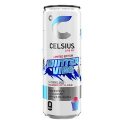 Celsius Winter Vibe Limited Edition Sparkling Cranberry Fizz energidryck 355ml, vit och blå burk med snöiga berg och röd slush-d