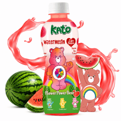 Röd flaska Kato Care Bears Watermelon 320ml med Flower Power Bear-motiv, omgiven av vattenmelon och rött stänk