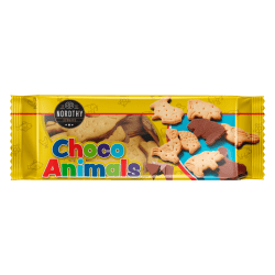Nordthy Choco Animals 105g, gul förpackning med djurformade kex med chokladbotten från Danmark
