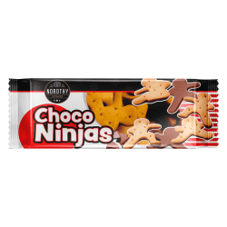 Nordthy Choco Ninja 105g påse med ninja-formade kex och kakaobotten, svart och röd förpackning från danska Nordthy