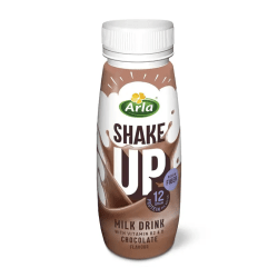 Arla Shake Up chokladsmak mjölkdryck 240ml flaska med vit kork, brun förpackning med chokladstänk och logotyp