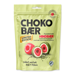 Chokobær Limited Edition påse med frysetorkade hallon i vit choklad och grönt pistaschovertäck, 10x80g