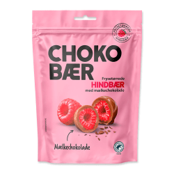 Rosa påse med Chokobær frysetorkade hallon med mjölkchoklad, 80g, med produktbild av chokladtäckta hallon