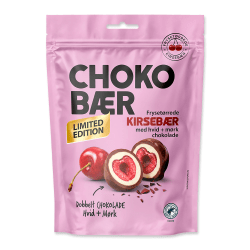 Rosa påse Chokobær Limited Edition med frysetorkade körsbär i vit och mörk choklad, Nordthy 10x80g