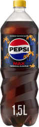 Pepsi Max Tropical 1,5L PET-flaska med mörk etikett, gult lock och palmer mot blå bakgrund, 8x150cl NP kolli