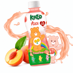Persikofärgad flaska Kato Care Bears Peach 320ml med Friend Bear-motiv, omgiven av persika och rosa stänk
