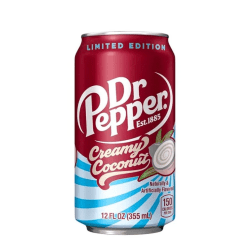 Dr Pepper Creamy Coconut Limited Edition burk 355 ml med röd och ljusblå design och kokosmotiv