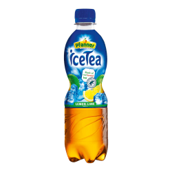 Pfanner IceTea Lemon-Lime 50cl PET-flaska med blå kork och etikett med citron- och limeskivor samt isbitar