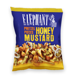Påse med Elephant Pretzel Pieces Honey Mustard, blå och gul förpackning med pretzelkrossar och honung-senap-smak