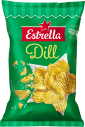 Grön påse Estrella Dill Chips med räfflade potatischips kryddade med dill, märkt med Garanterat Krispig-logotyp