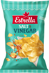 Turkos påse med Estrella Salt & Vinegar Chips, krispiga potatischips med smak av salt och vinäger, 160g