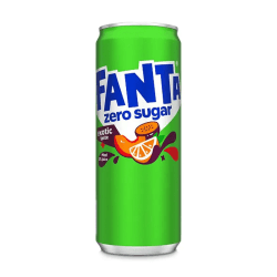 Fanta Zero Exotic 33cl sleek-burk i grönt med tropisk fruktillustration av apelsin och exotiska frukter