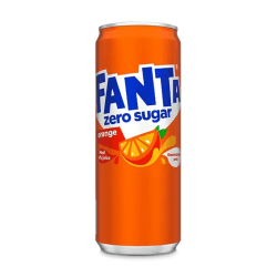 Orange burk med Fanta Zero Sugar Orange 33cl med apelsinmotiv och texten med 4% juice