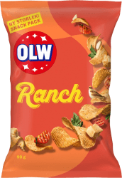 OLW Ranch chips snack pack 90g, orange påse med finräfflade chips och smak av ost, lök, tomat och paprika