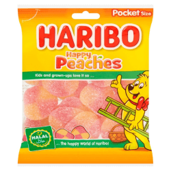 Haribo Peaches Halal 100g – mjukt persikogodis med sockrad yta.