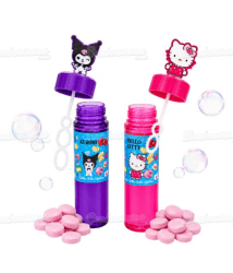 Hello Kitty och Kuromi såpbubbelflaskor i rosa och lila med dextrosgodis och bubbelringar, 18x5g displayförpackning