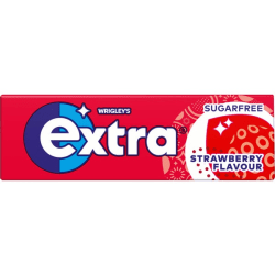 Wrigley's Extra White Strawberry sugarfree tuggummi 14g, rött paket med jordgubbsmotiv och logotyp