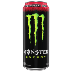 Svart Monster Energy Strawberry Shot-burk 473ml med grönt M-logotyp och röd jordgubbsdesign upptill