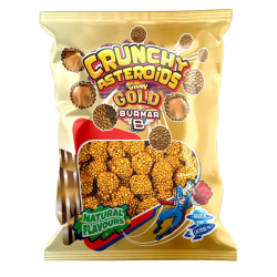 Guldpåse med Burmar Crunchy Asteroids Glow Gold godis, märkt glutenfritt och laktosfritt med naturliga aromer