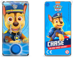 Paw Patrol Candies With Water Bubbles framsida och baksida med Chase-figuren, blå förpackning med PAW Patrol-logotyp och texten