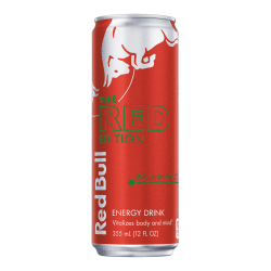 Red Bull Red Edition Watermelon energidryck 250 ml röd slim burk med vit tjurlogotyp och grön vattenmelontext